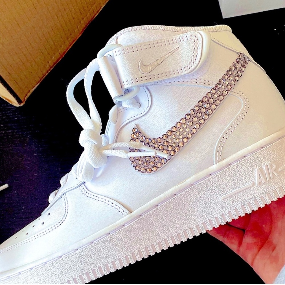 NIKE Air Force 1 High Top Rhinestones Bedazzled Bling Bling White Sneakers